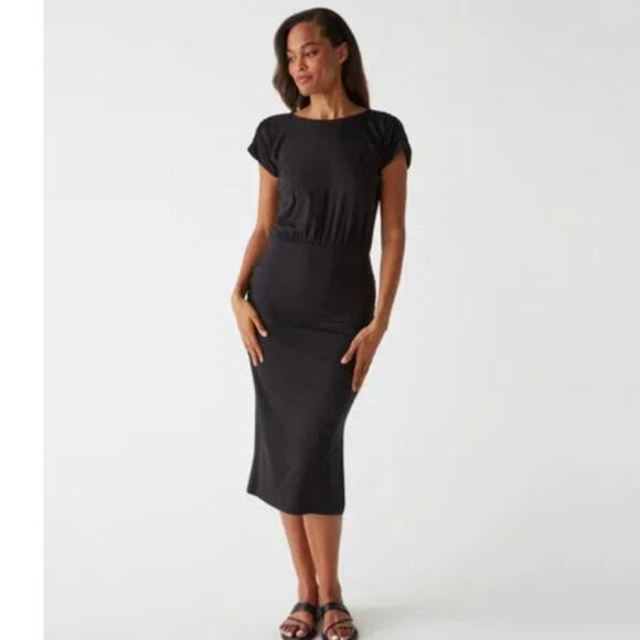 Michael Stars Hannah Ultra Rib Midi Dress in Black Sz M Ruched Flattering Casual - Picture 1 of 10